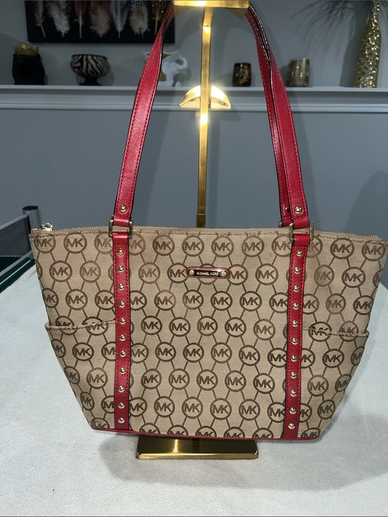 Michael Kors Handbags - Michael Kors Beige Logo Tote with Red Trim